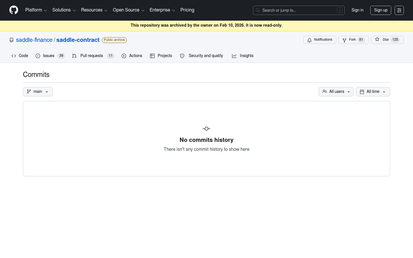 Saddle Finance saddle-contract GitHub repository showing "Public archive" status — archived by owner on February 10, 2026. The commits page shows no commit history on the main branch, confirming the Silent Codebase pattern.