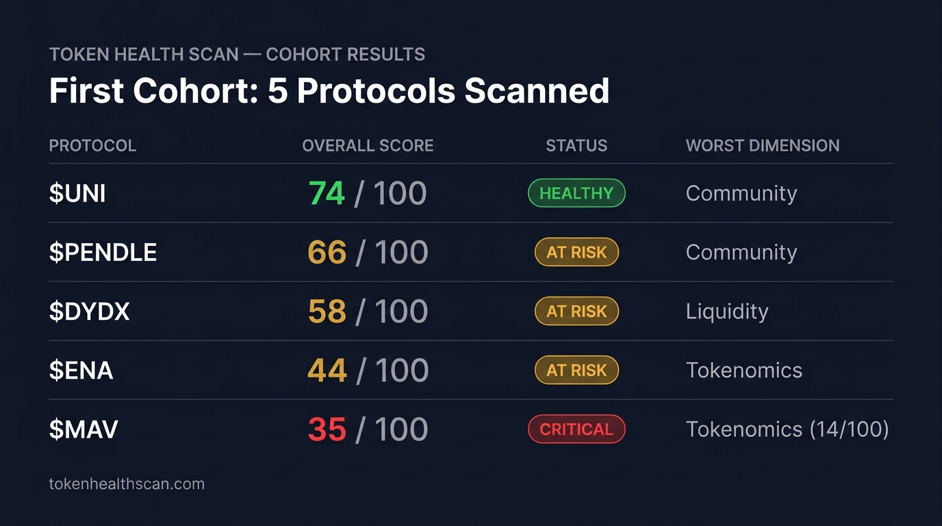 Token Health Scan — First Cohort Scorecard: 5 DeFi protocols with overall scores, status, and worst dimension