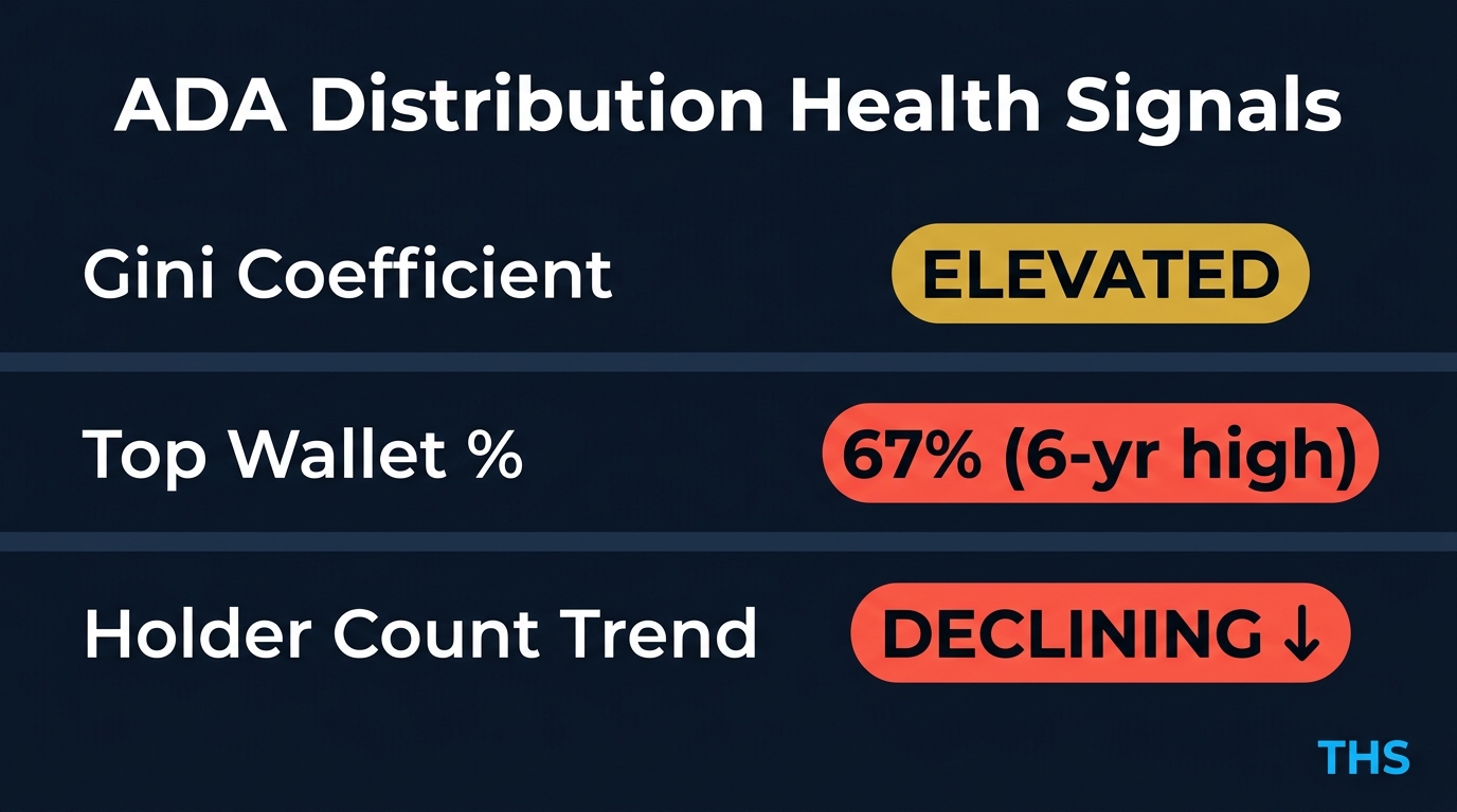 ADA holder count declining month-over-month — three-signal Whale Moat cluster active.