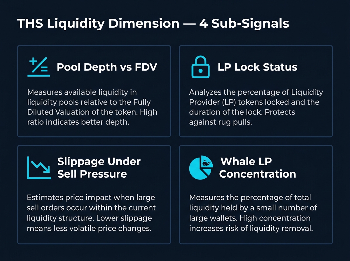 THS Liquidity dimension signals: pool depth vs FDV, LP lock status, whale LP concentration, slippage under load.