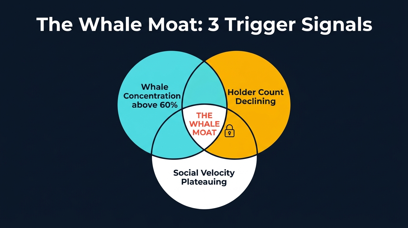 Whale Moat trigger signals: whale concentration threshold, holder count decline rate, social velocity plateau.