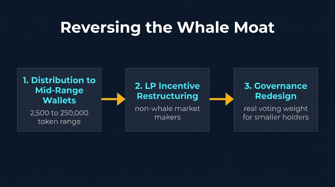 Whale Moat remediation: 1. Distribution to mid-range wallets, 2. LP incentive restructuring, 3. Governance redesign for smaller holders.