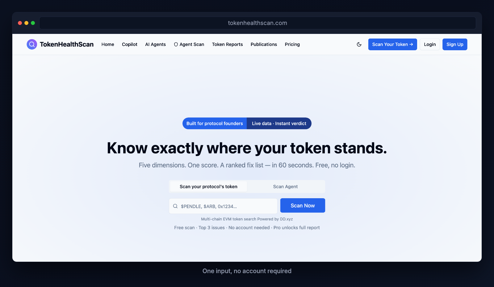 Token Health Scan homepage showing the token scan input field with the tagline