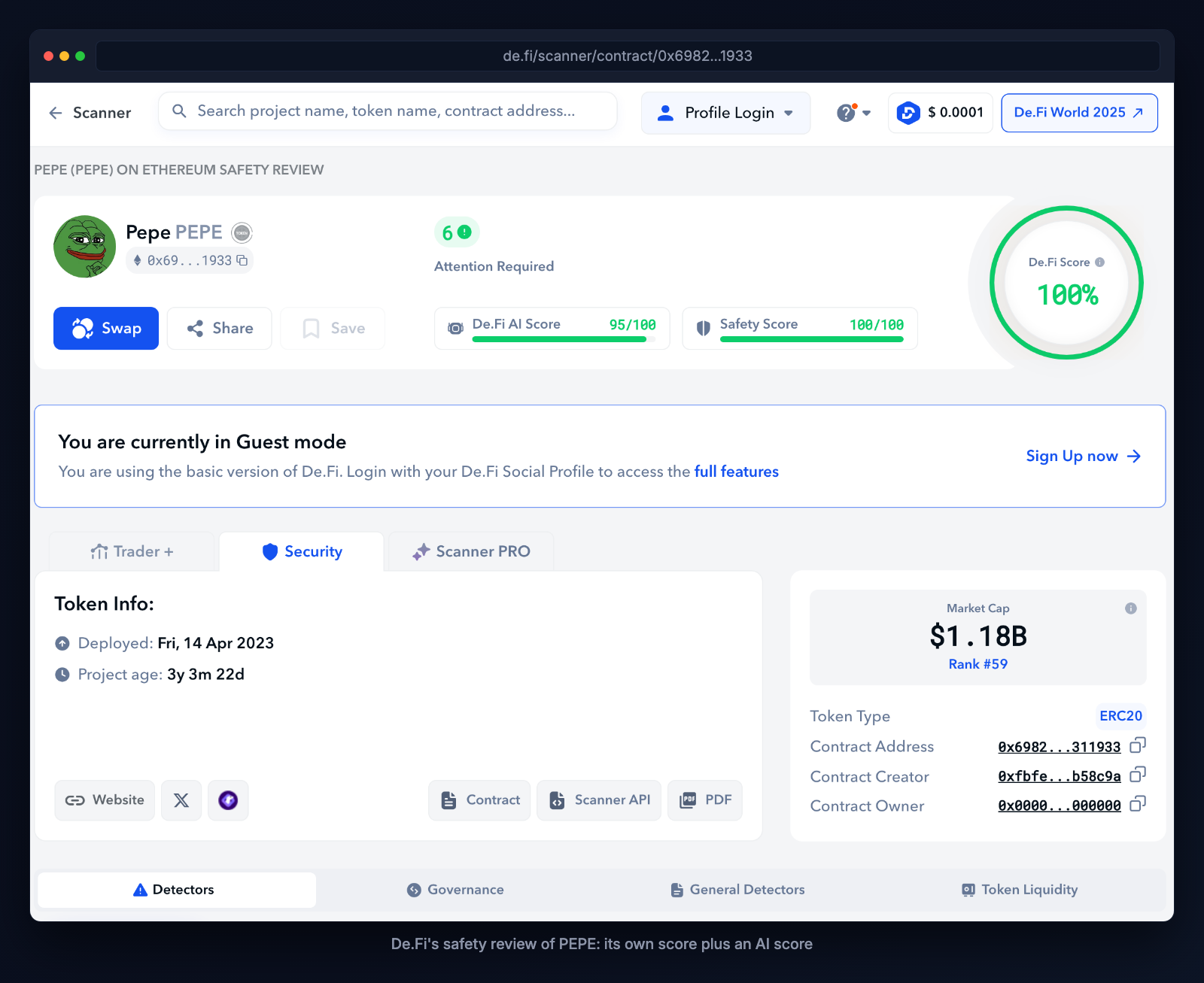 De.Fi's safety review of PEPE, showing a De.Fi Score of 100 percent and an AI score of 95 out of 100