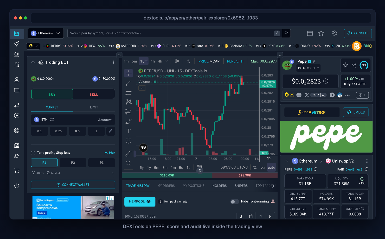 DEXTools' pair explorer for PEPE, with Score and Audit columns inside the trading interface