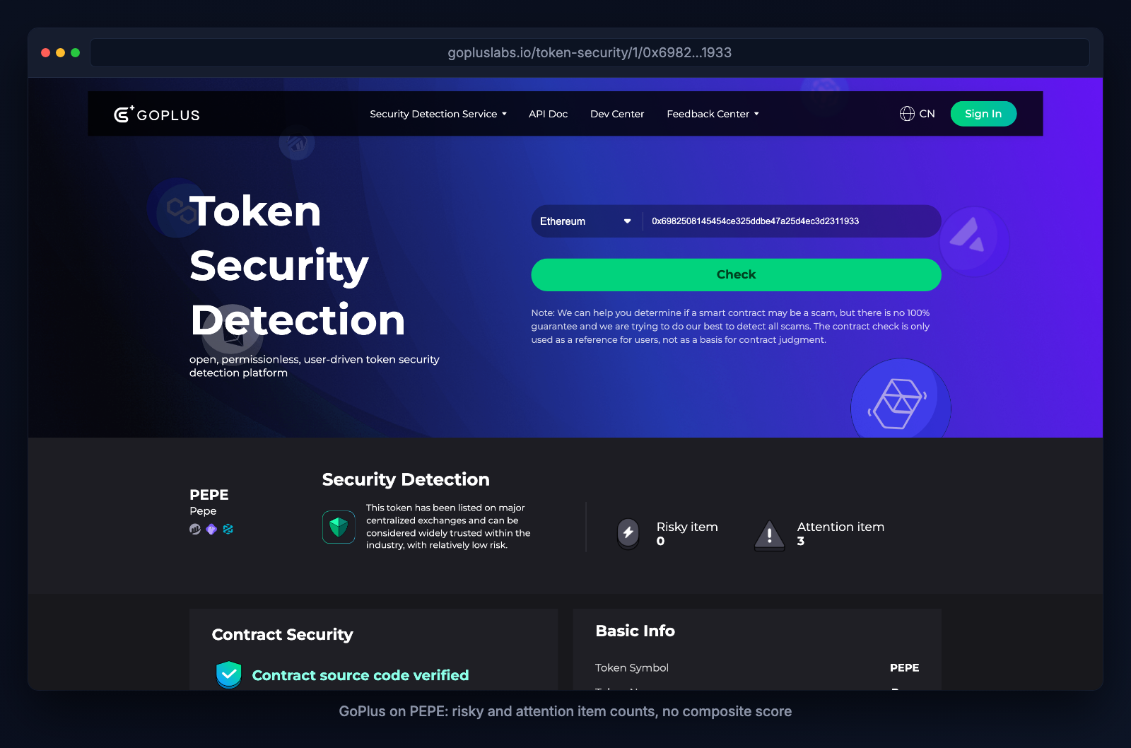 GoPlus Security Detection for PEPE, reporting zero risky items and three attention items